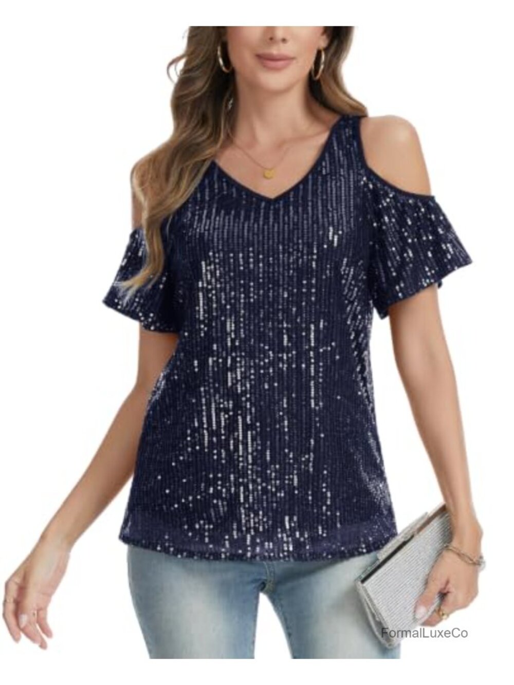 Sequin Cold Shoulder Blouse V Neck Ruffled Short Sleeve Sparkly Party Top